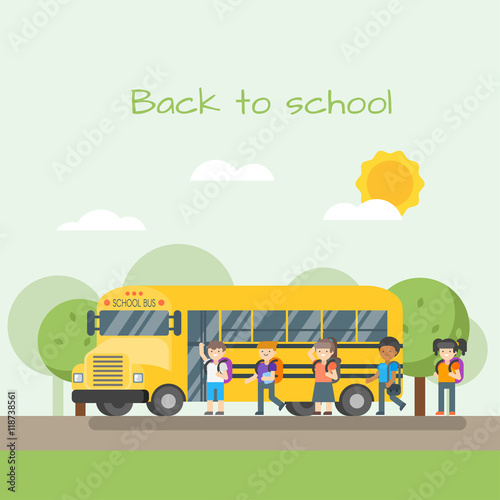 Vector illustration of school bus and children.