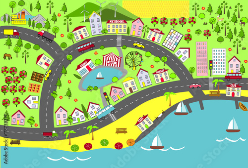 Urban landscape. Map design for mats, books, and childish development.