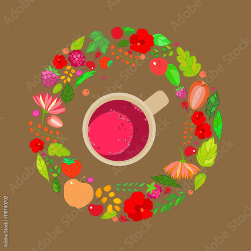 Illustration of red tea cups on top in a frame of leaves, berries and flowers of red, orange and green colors on a brown background. Vector
