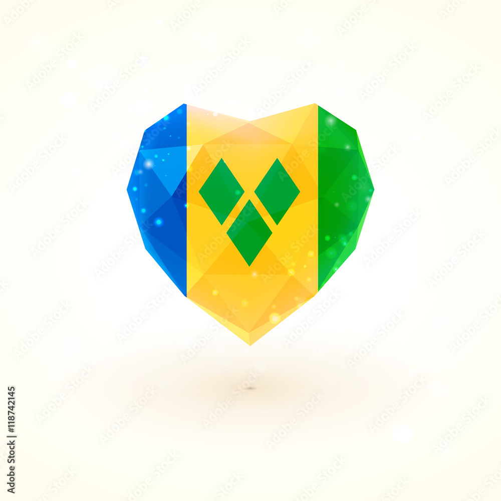 Flag of Saint Vincent and the Grenadines in shape diamond glass heart. Triangulation style Flag of Saint Vincent and the Grenadines in shape diamond glass heart. Triangulation style