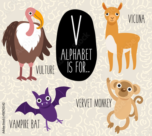 Cute Animal Alphabet Set : Letter V : Vector Illustration