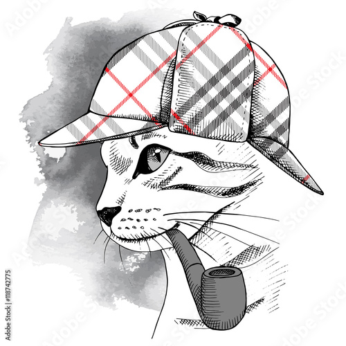 Portrait of a cat in checkered deerstalker with smoking pipe. Vector illustration.
