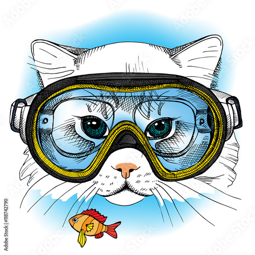 Portrait of a cat in a diving mask on blue background with small fish. Vector illustration.