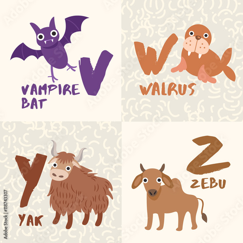 Cute Animal Alphabet Set : Letter V,W,Y,Z : Vector Illustration