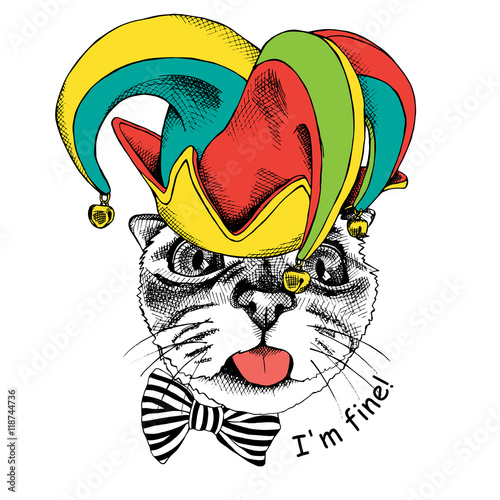 Cat in a april fools' hat. Vector illustration.