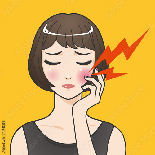 woman's toothache, hurts of bad tooth, stomatitis, mouth ulcer, periodontal disease, vector illustration