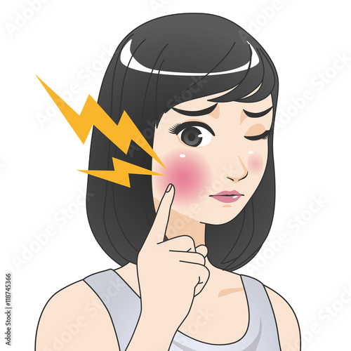 woman's toothache, hurts of bad tooth, stomatitis, mouth ulcer, periodontal disease, vector illustration