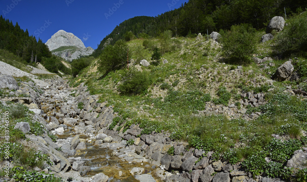 The alpine scenery along the Mangrt Road on Mangrt mountain, the third highest peak in Slovenia. 