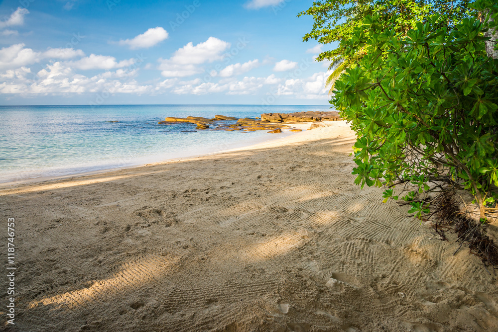 Beautiful tropical island beach in sunny day blue sky background. Summer tropical travel holiday vacation or green nature concept. Beautiful tropical island beach in sunny day blue sky background. Summer tropical travel holiday vacation or green nature concept.