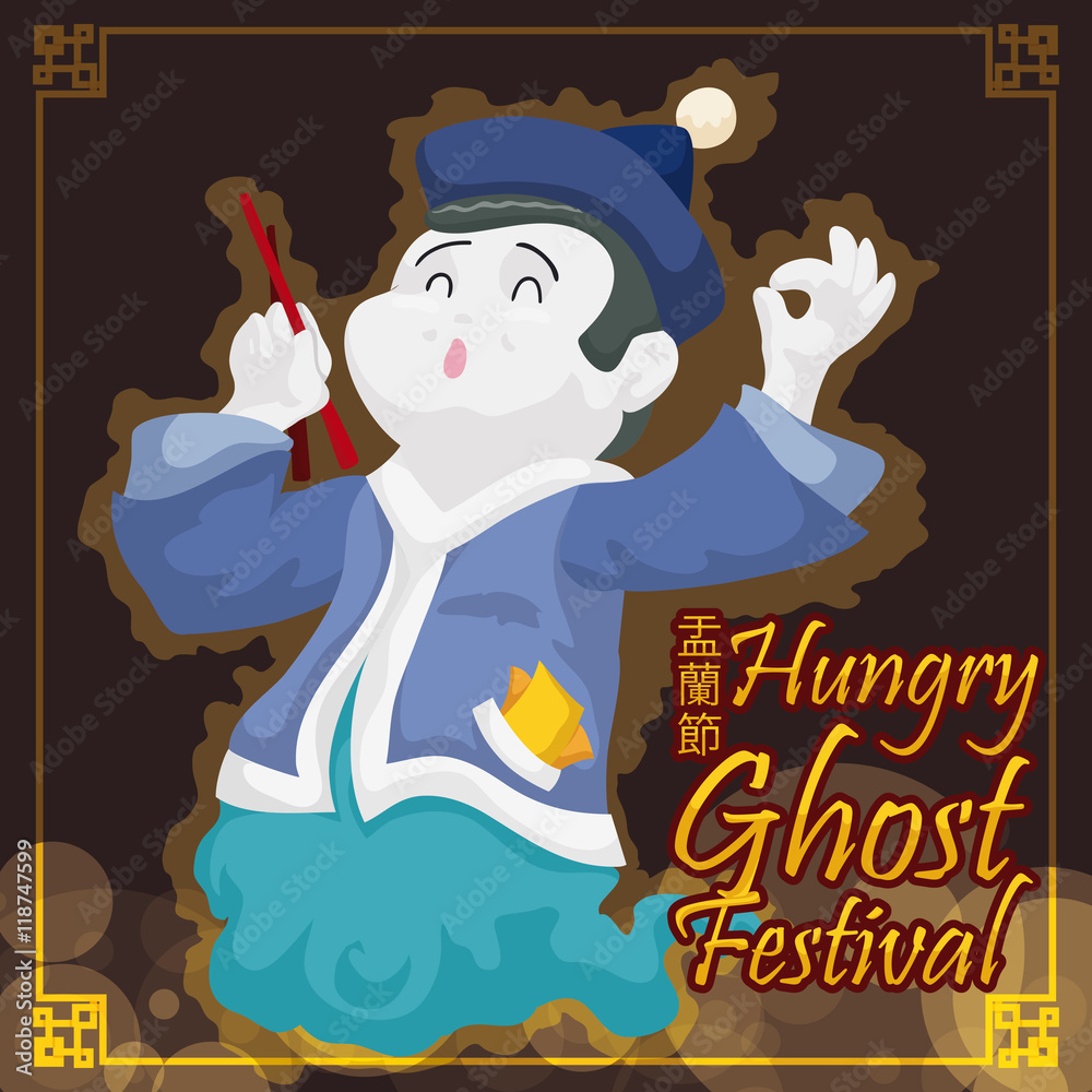 Poster with Ghost Celebrating Ghost Festival, Vector Illustratio