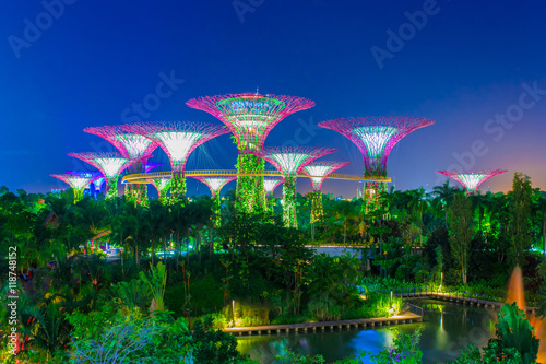 Night view of The Super Tree Grove at Gardens by the Bay in Singapore. Spanning 101 hectares, and five-minute walk from Bayfront MRT Station.