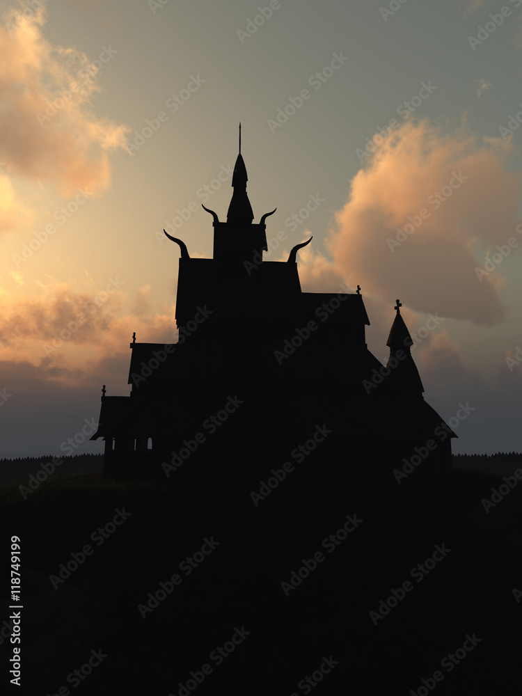 Viking Stave Church at Sunset - fantasy illustration