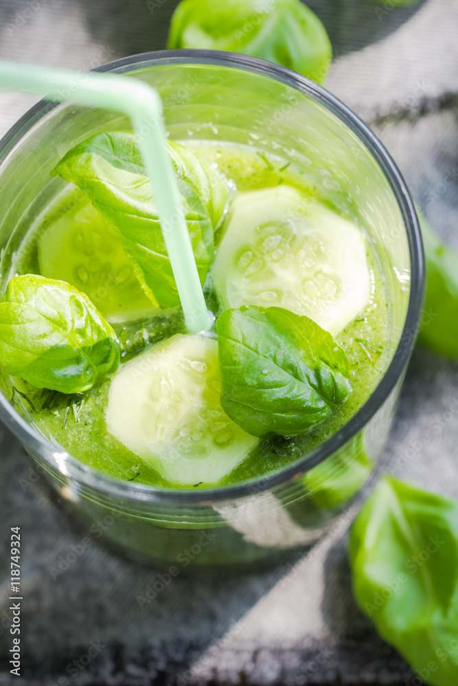 Green smoothie fresh cucumbers celery basil - obrazy, fototapety, plakaty 