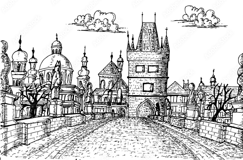 Old Prague Charles Bridge Sketch, Hand drawn vector isolated on white