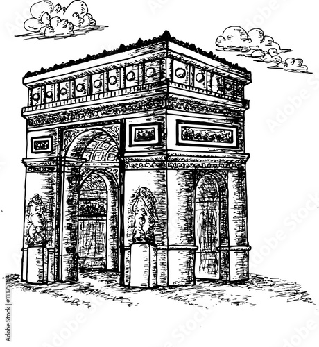 Sketch Triumphal Arch in Paris, France. Vector illustration