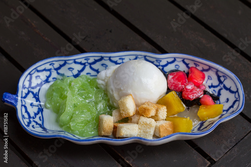 Ice cream Asian Dessert . Thai dessert, lodchong, Grass Jelly, Palm Seed and Mock pomegranate seeds. photo