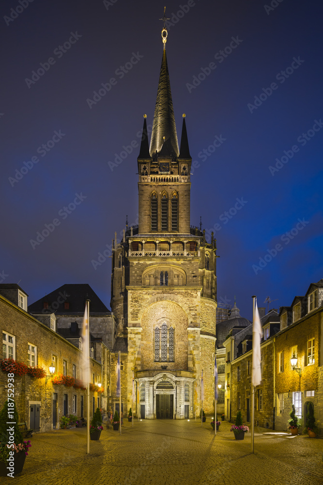 Aachen Cathedral And Domhof At Night