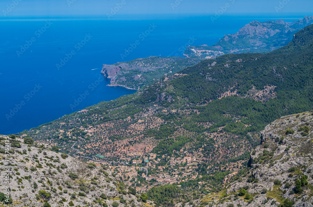 Panorama of Deia from the Tramuntana mountains, Baleares, Spain