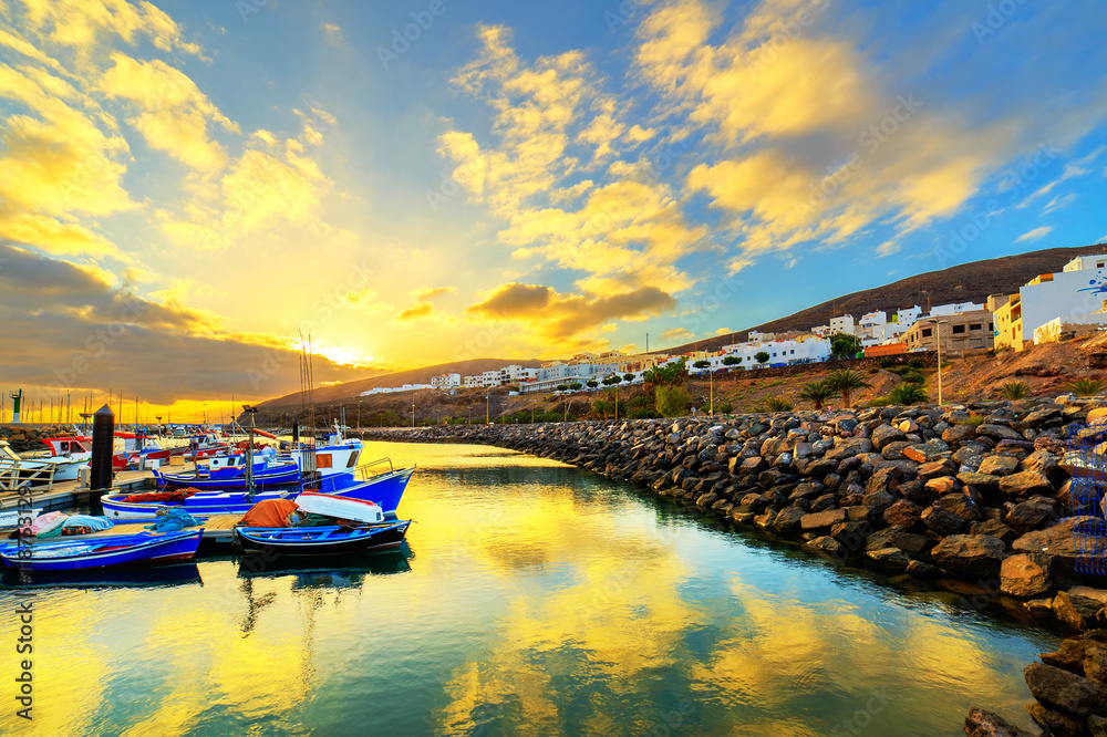 Sunset over a port in Gran Tarajal, Fuerteventura, Canary islands