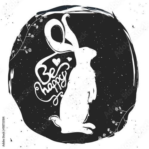 Vector typography poster with standing hare or rabbit. Be Happy