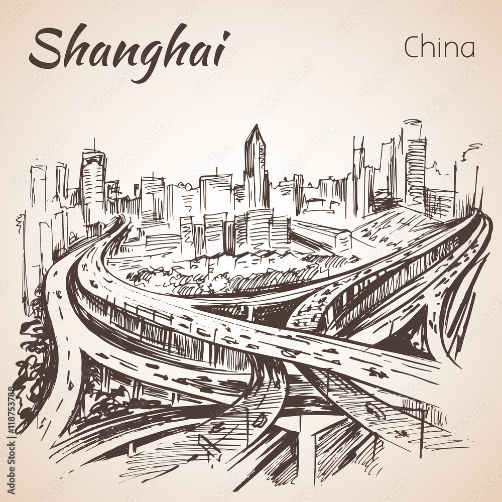 Shanghai hand drawn landscape.
