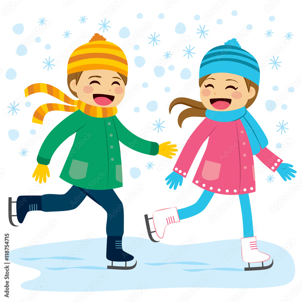 Cute boy and girl wearing warm winter clothes ice skating together on frozen lake