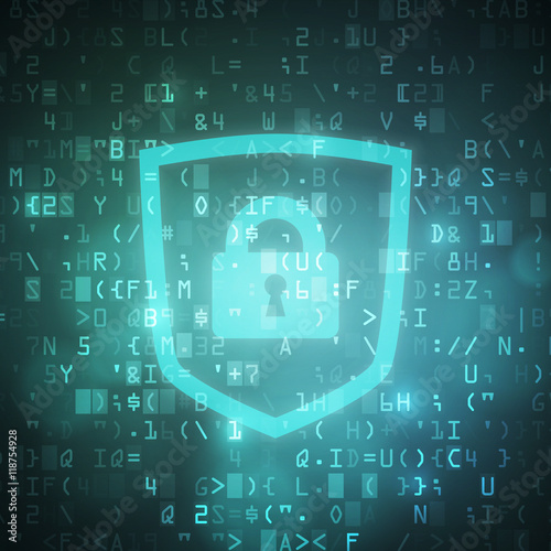 Safety shield with padlock icon computer digital data code background