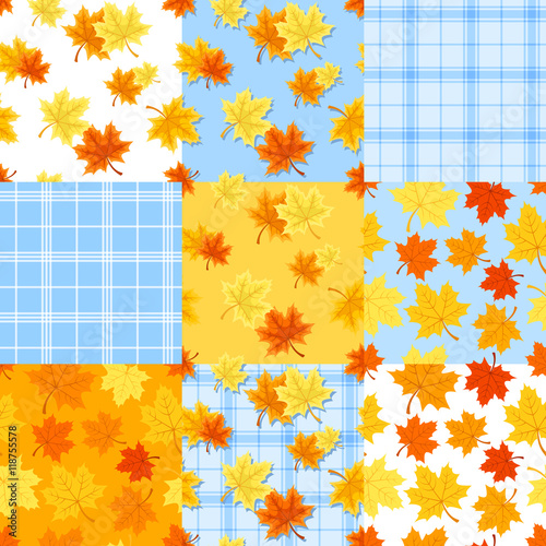 Vector set of nine autumn seamless patterns with red, orange and yellow maple leaves on white and blue.