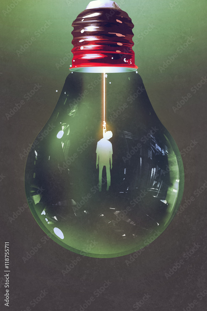 Fototapeta premium light bulb with the hanged man inside on dark background,illustration painting