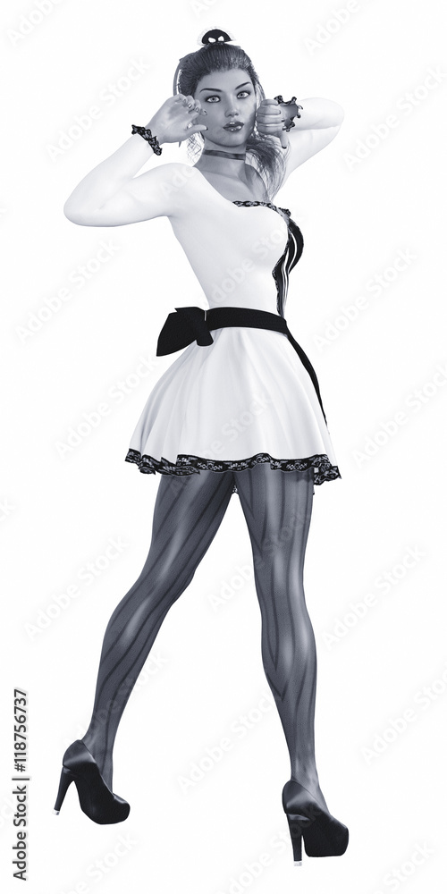 Beautiful sexy maid wearing pantyhose fishnet. Conceptual fashion art. Isolate. Studio, high key. Seductive candid pose. Sex. 3D render illustration. Old black and white textured paper.