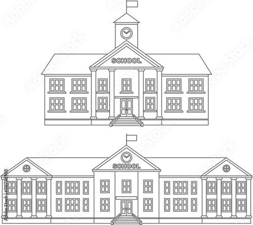 Coloring pages. Set of different silhouettes school building flat linear icons isolated on white background. Vector illustration.