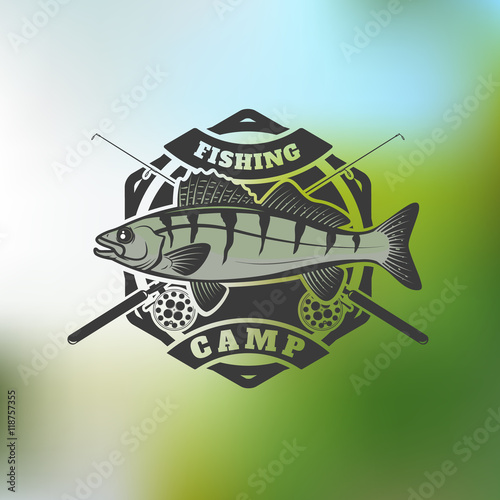 fishing camp emblem template on colorful background. Pike perch