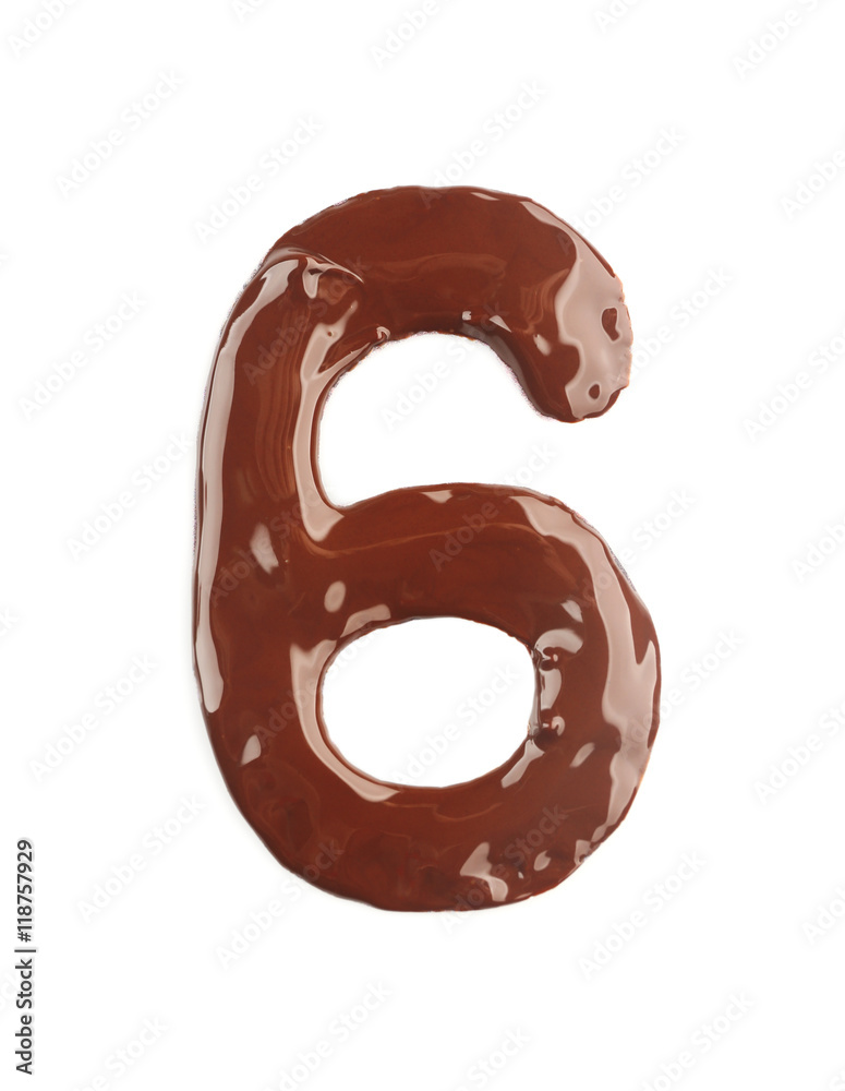Number six made of liquid chocolate, isolated on white Number six made of liquid chocolate, isolated on white