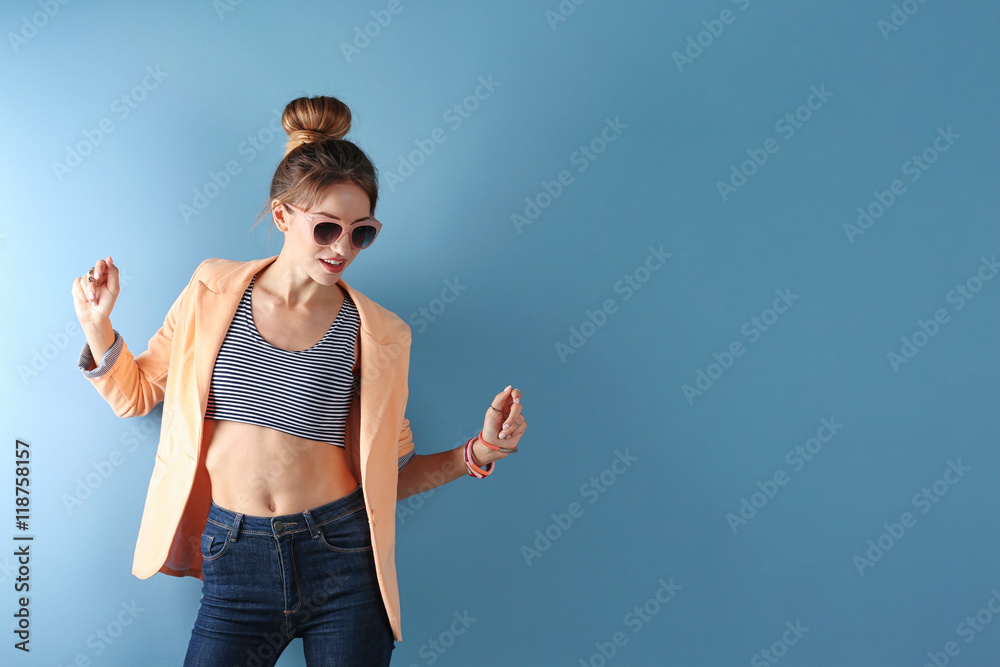 Beautiful girl on blue background