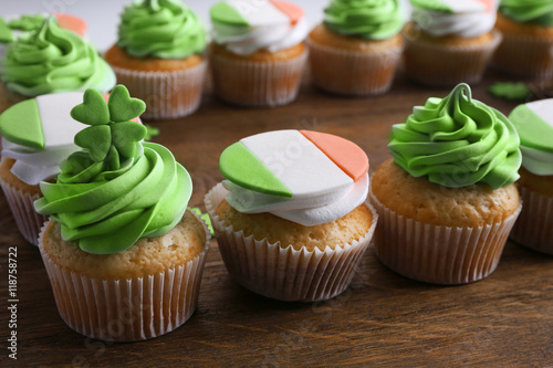 Tasty cupcakes, closeup. Saint Patrics Day concept