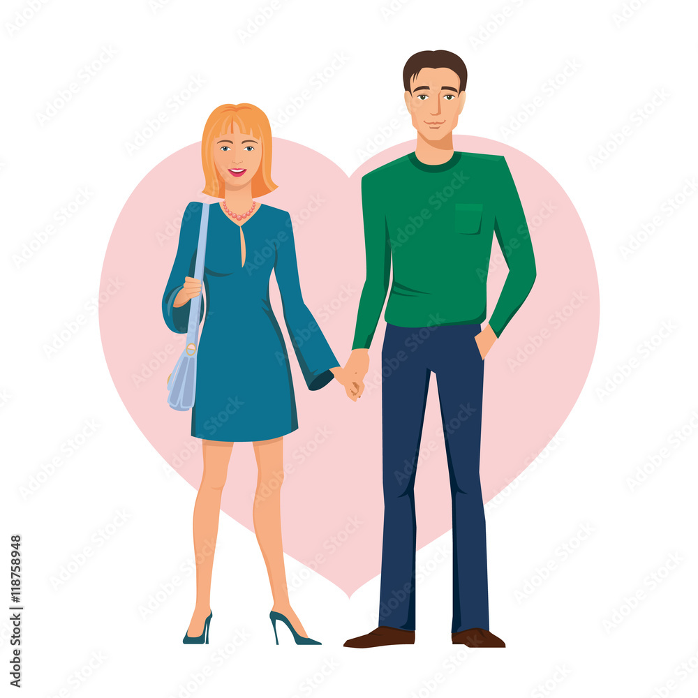 Young couple, family, standing, holding hands with smiles on their faces. Color, vector, isolated, for cards, greetings, engagement, valentine. Young couple, family, standing, holding hands with smiles on their faces. Color, vector, isolated, for cards, greetings, engagement, valentine.