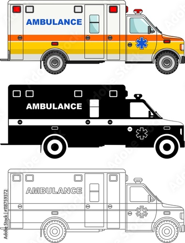Different kind ambulance cars isolated on white background in flat style: colored, black silhouette and contour. Vector illustration.