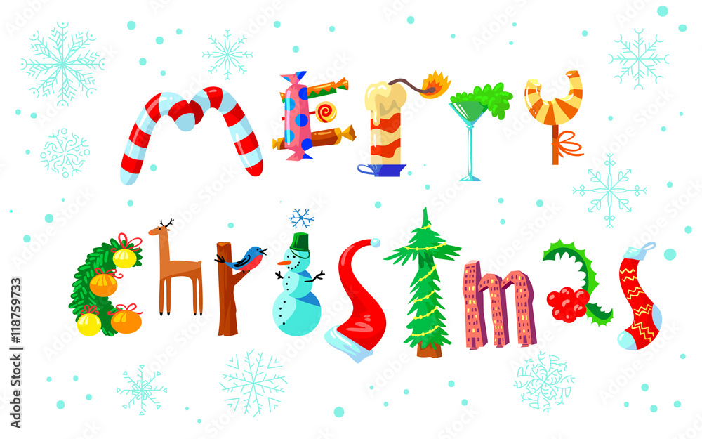 Fototapeta premium Merry Christmas hand drawing lettering. The letters silhouettes as Christmas decorations and objects