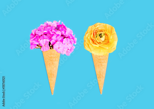 Two ice cream cone with flowers over blue colorful background to