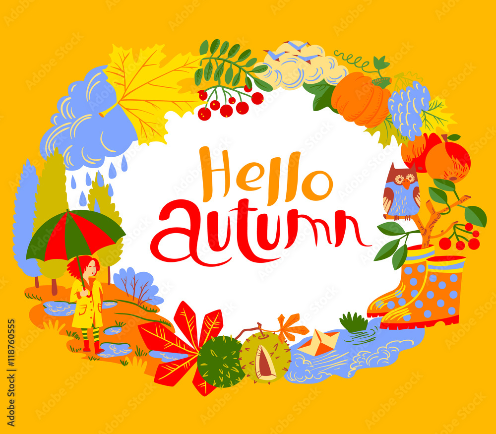 Fall season vector cartoon wreath with hello autumn lettering
