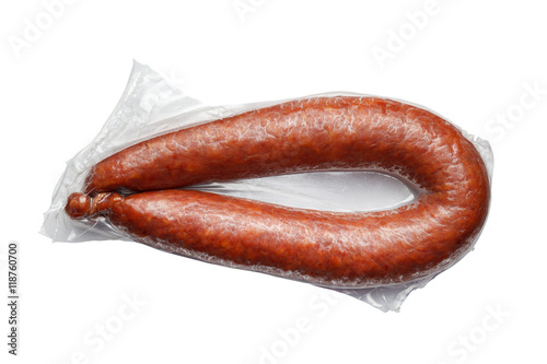 sausages in vacuum pack isolated on white background