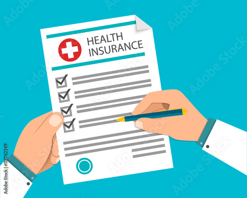 Hands with pen and medical clipboard. Clinical record, medical report, survey, insurance paper, patient case flat concept. Vector illustration