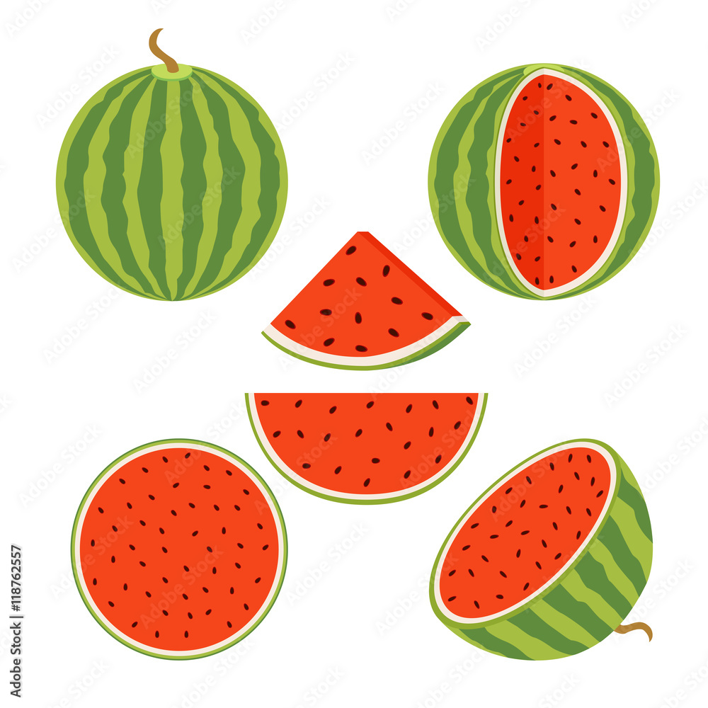 Set of juicy whole watermelons and slices in flat vector style. Set of juicy whole watermelons and slices in flat vector style.