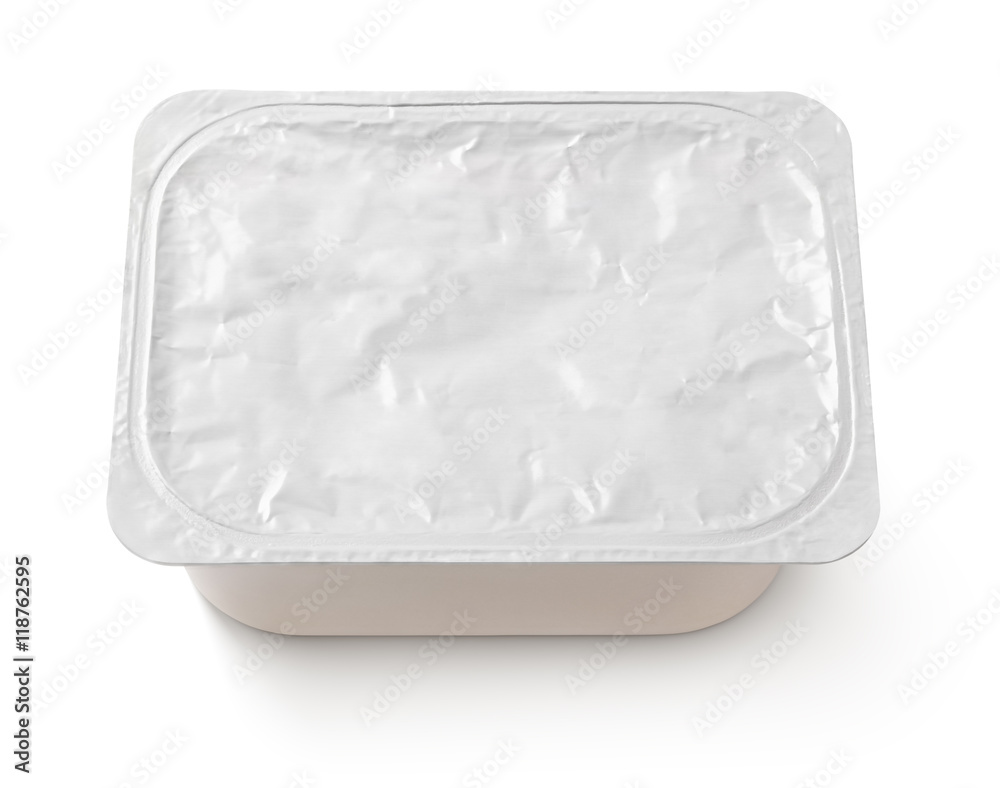 Top view of rectangular aluminum foil cover food tray isolated on white background with clipping path Top view of rectangular aluminum foil cover food tray isolated on white background with clipping path