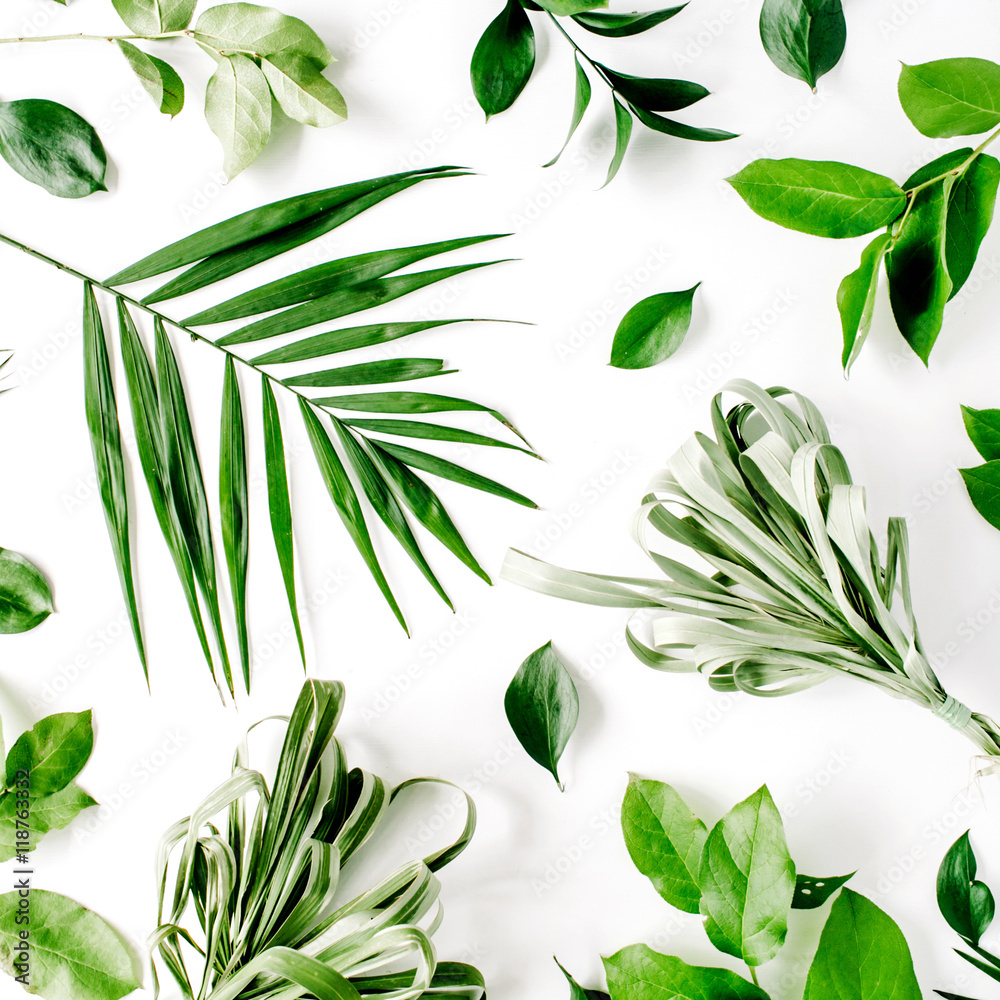 pattern with flowers, branches, leaves and petals isolated on white background. flat lay, overhead view pattern with flowers, branches, leaves and petals isolated on white background. flat lay, overhead view