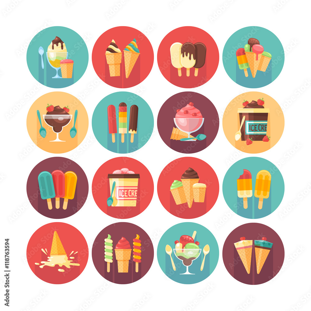 Ice cream and frozen desserts icon collection. Flat vector circle icons set with long shadow. Food and drinks.