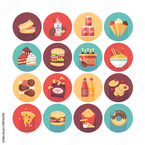 Fastfood, junk food, snack meal. Flat vector circle icons set with long shadow. Food and drinks.