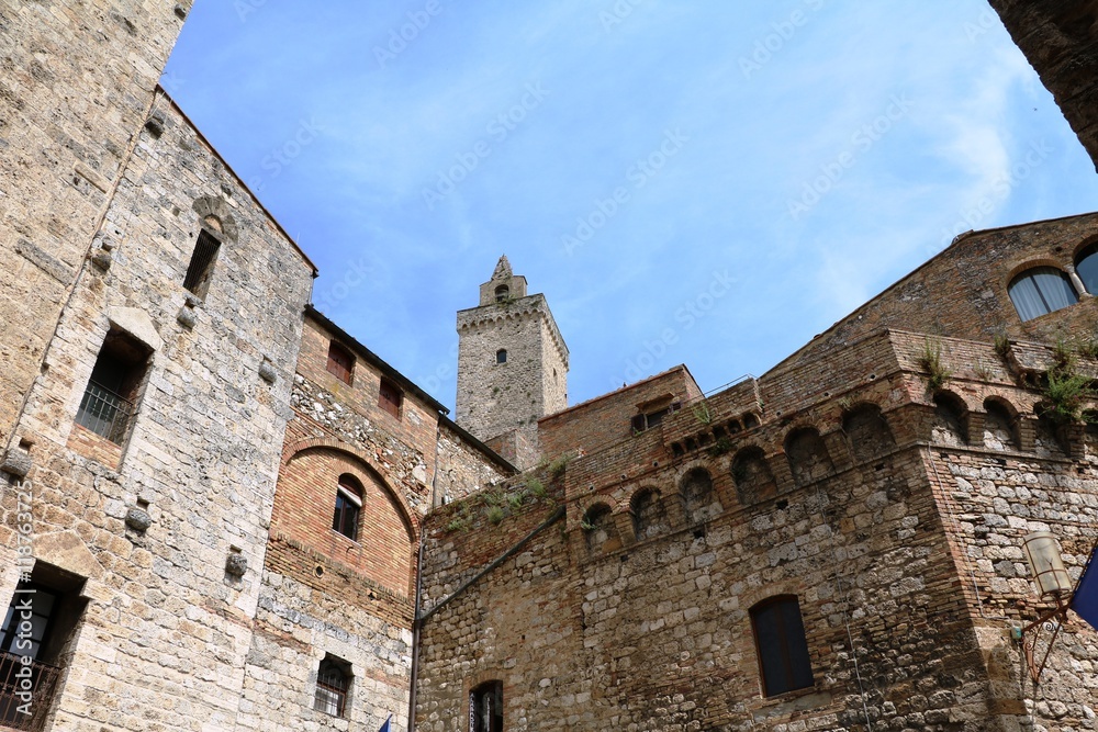Architecture in San Gimignano view to Torre Grossa, Tuscany Italy