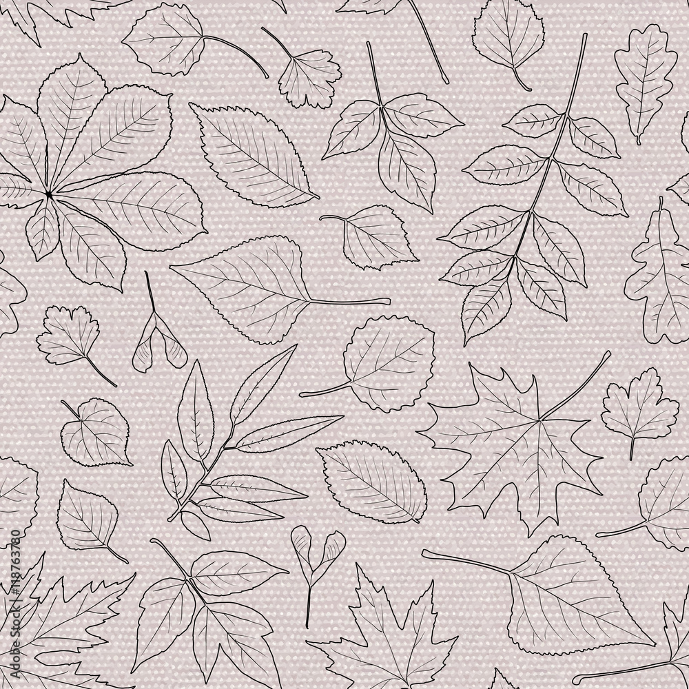 Seamless pattern with leaves of various trees on beige textured background: chestnut, birch, linden, alder, oak, aspen, maple, ash, box elder, poplar. Vector design.