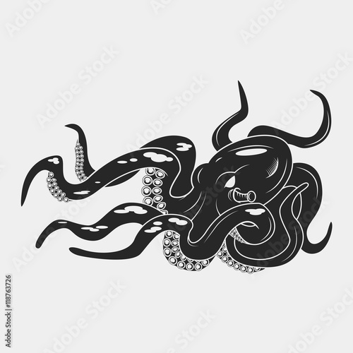 Black danger cartoon octopus characters. Swimming underwater, isolated on white. Tattoo or pattern to t-shirt, poster logo, vector illustration